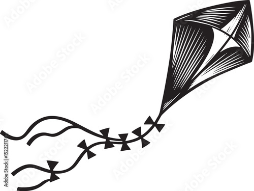 Elegant woodcut style illustration of a kite flying high in the