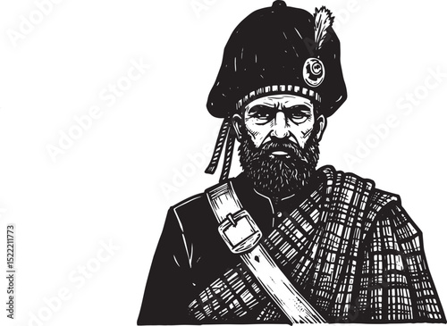 Detailed Woodcut Illustration of a Scottish Highlander in Tradit