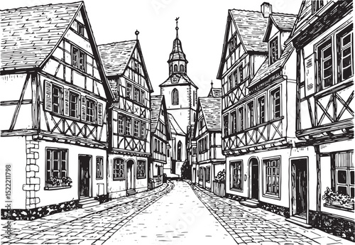 Charming Black and White Woodcut Illustration of a Quaint Europe