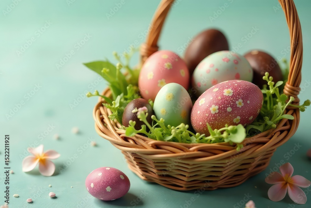 Naklejka premium Colorful chocolate Easter eggs in a basket, springtime treat , dessert, spring, happy easter