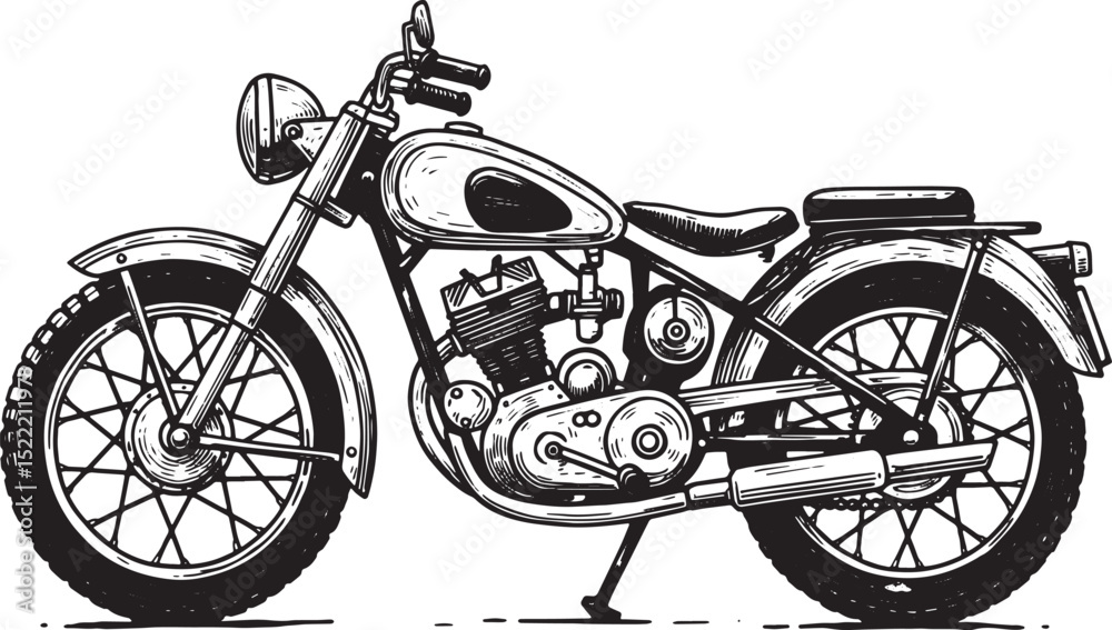 Fototapeta premium Classic Motorcycle Woodcut Illustration in Black and White Style
