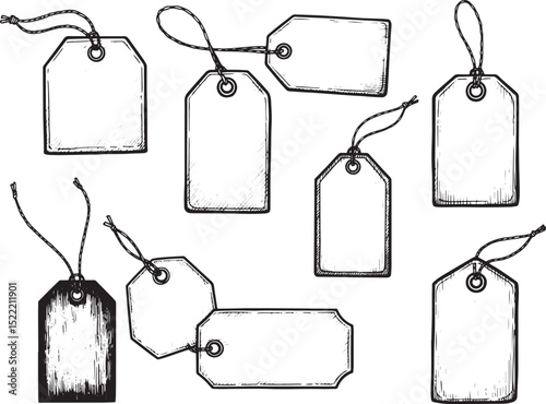 Vintage price tags engraving illustration, various shapes and si