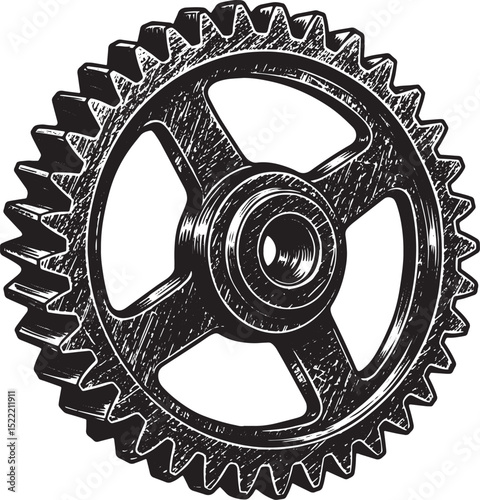 Monochrome Illustration of an Industrial Gear Woodcut Style Desi