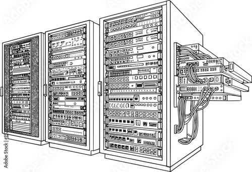 Detailed monochrome illustration of modern IT server infrastruct