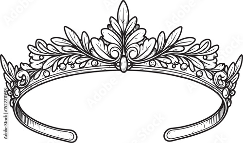 Elegant hand-drawn fairy crown illustration in black and white s