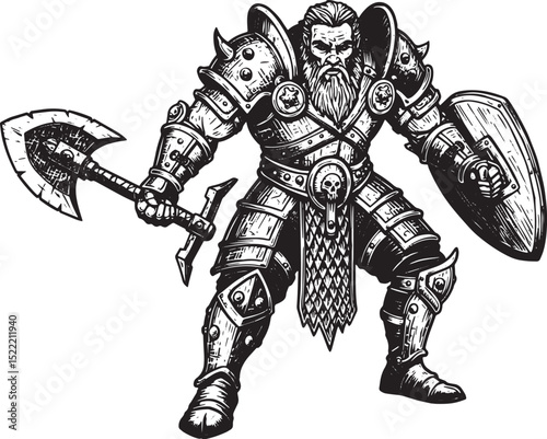 Intricate Woodcut Illustration of a Powerful Fantasy Hero Ready