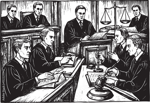 Monochrome Woodcut Illustration Depicting Legal Proceedings in C
