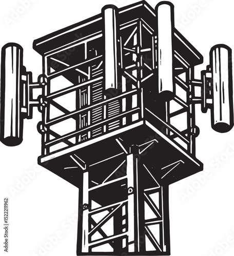 Monochrome woodcut illustration of a vintage telecommunication t