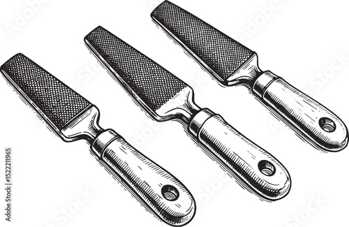 Detailed woodcut drawing featuring a set of three rasp tools in