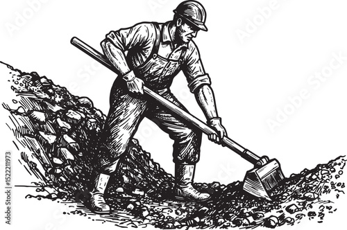 Vintage Woodcut Illustration of a Trench Digger Working Hard on