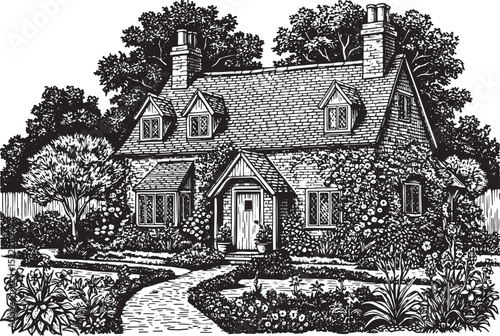 Charming Cottage with Lush Garden, Detailed Woodcut Illustration