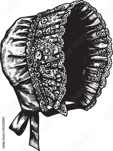 Elegant Engraving of a Classic Bonnet, A Detailed Black and Whit