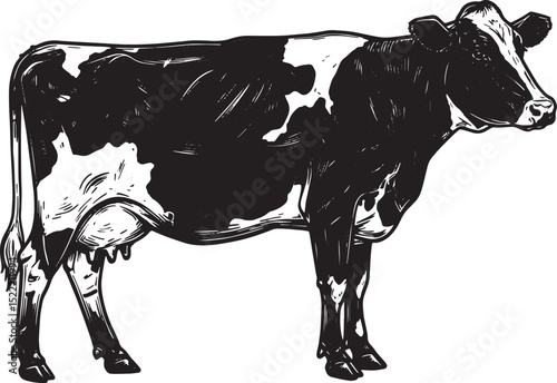 Monochrome Dairy Cow Illustration Featuring a Woodcut Style Tech