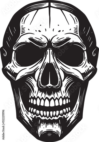 Creepy skull illustration in black and white woodcut style desig