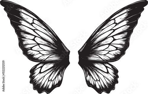 Intricate fairy wings woodcut drawing in elegant black and white