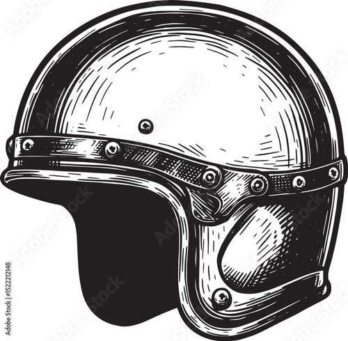 Vintage Motorcycle Helmet Woodcut Illustration with Detailed Lin