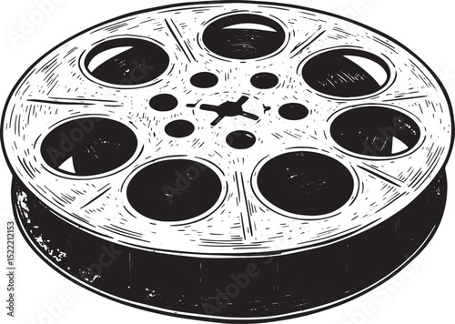 Vintage Style Film Reel Illustration in Black and White Woodcut