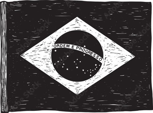 Woodcut Style Illustration of the Brazilian Flag in Black and Wh