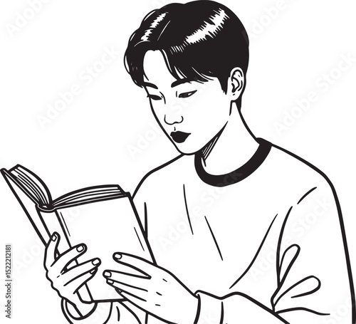 Monochrome Woodcut Illustration of a Focused Person Engrossed in