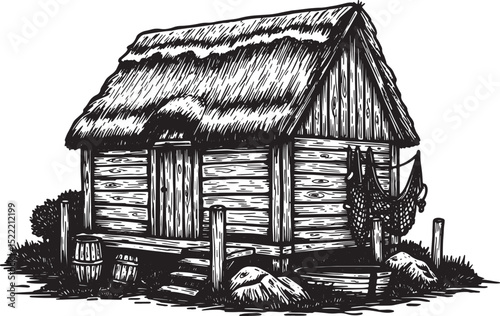 Charming Fisherman's Cottage Woodcut Illustration in Black and W