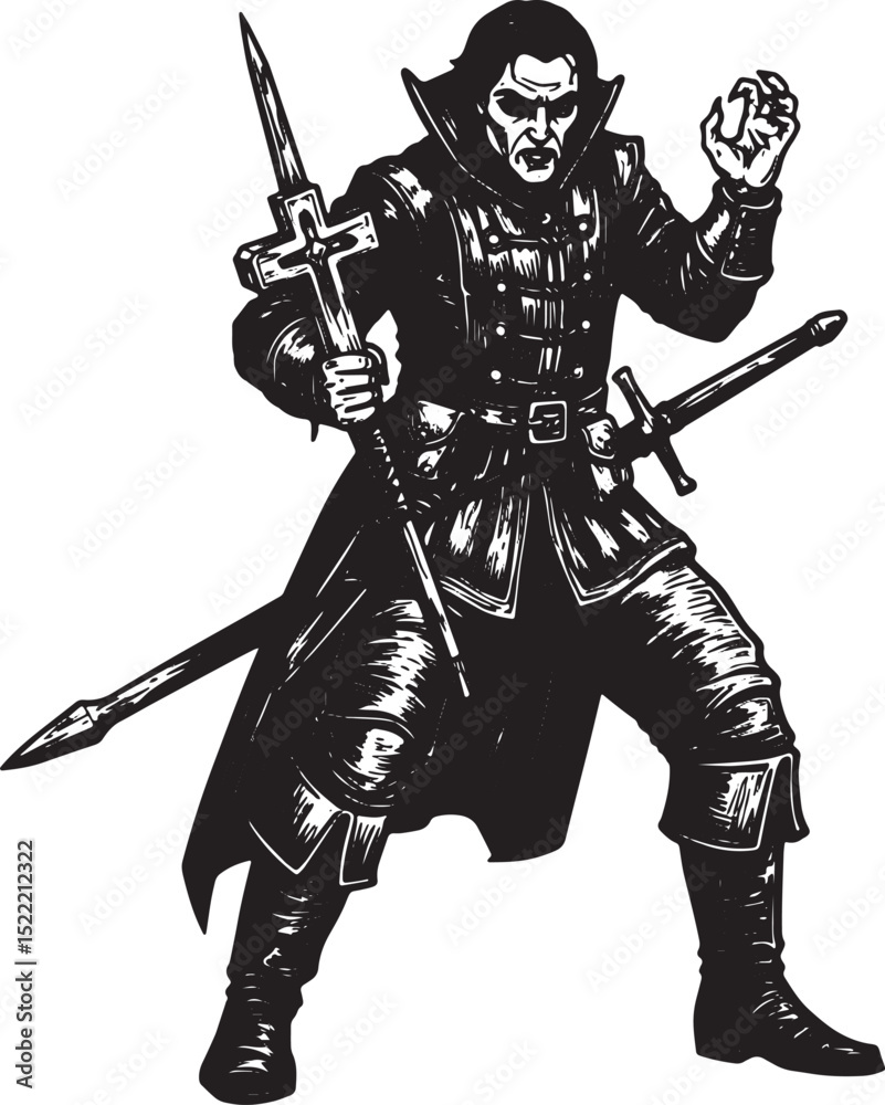 Obraz premium Dramatic Black and White Woodcut Illustration of a Vampire Hunte