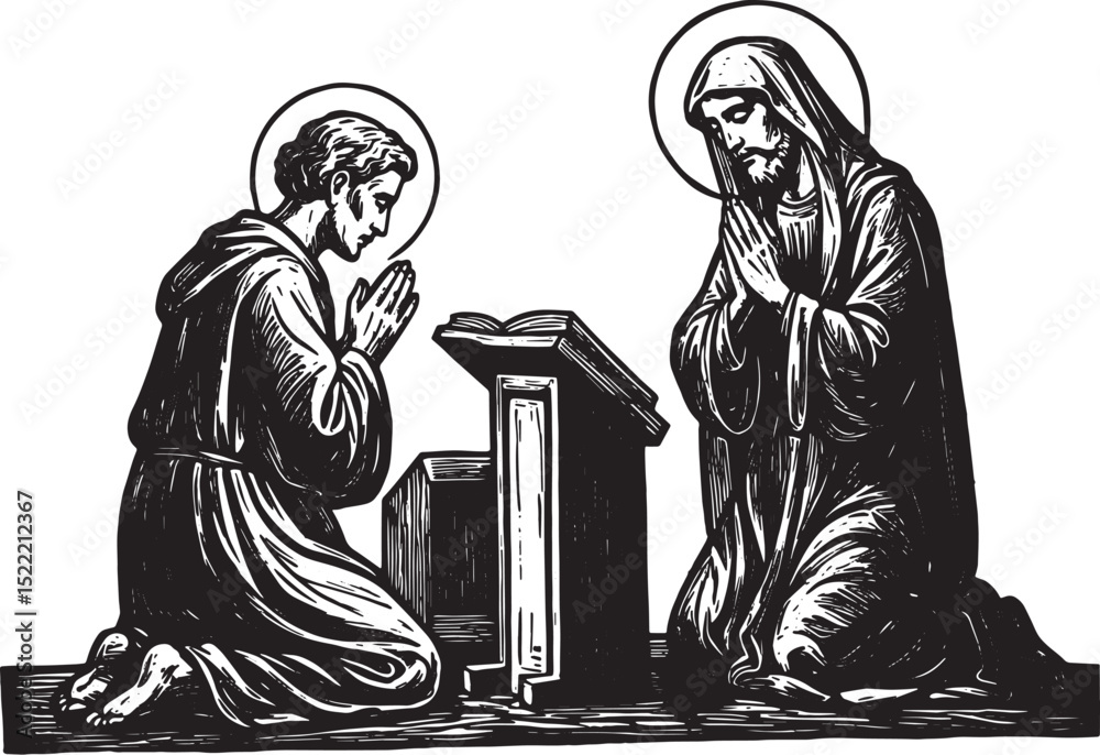Fototapeta premium Religious Devotion, A Vintage Woodcut Illustration of Prayer and