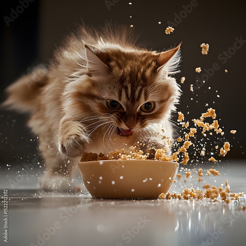 A playful cat eagerly dives into its food bowl, scattering kibble joyfully around the room. feline mischief concept