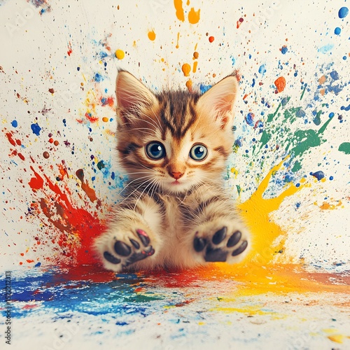 Playful kitten amidst a colorful paint splatter backdrop. feline mischief concept