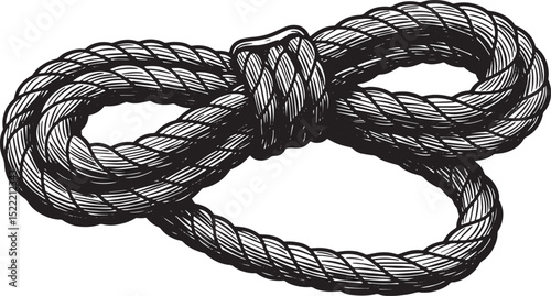 Monochrome Woodcut Style Illustration of a Knotted Climbing Rope