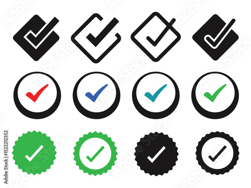 
Check box icon with correct, accept checkmark icons tick box checked. Green Check mark icon vector set. Green tick check mark icon vector. Set of Green check mark isolated vector icons.