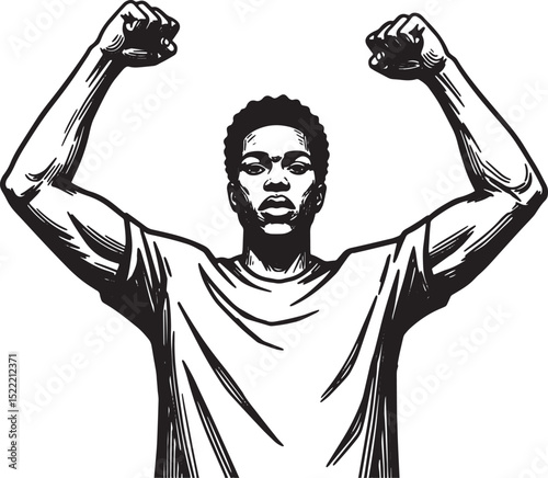Empowered figure raising fists in determination woodcut illustra