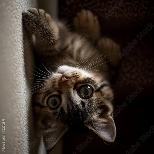 A playful kitten with wide eyes, lying upside down next to a textured surface. feline mischief concept