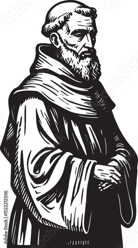 A Serene Monk in Contemplation, Woodcut Illustration of Spiritua