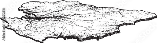 Detailed Woodcut Illustration of Geographical Landmass with Rive