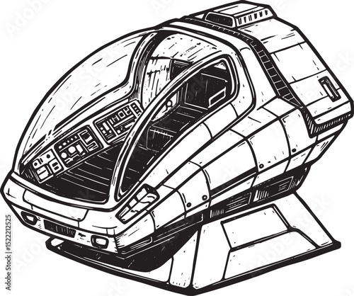 Black and white woodcut drawing of a futuristic teleportation po