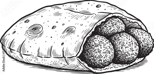 Detailed Black and White Woodcut Illustration of Falafel in Pita