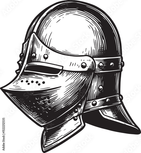 Detailed woodcut illustration of a medieval spangenhelm helmet o