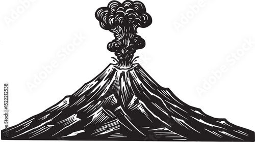Dramatic Woodcut Illustration of a Volcano Erupting in Black and