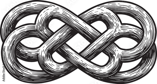 Elegant woodcut drawing of an infinity knot symbol with detailed