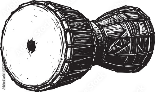 Monochrome woodcut illustration of a djembe drum against a white