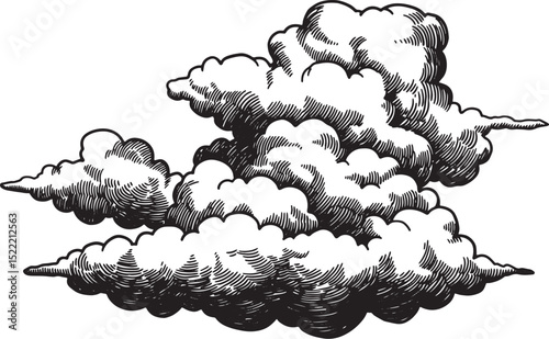 Detailed Woodcut Style Illustration of Cumulus Clouds in Black a