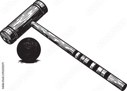Elegant Woodcut Illustration of a Croquet Mallet and Ball on Whi