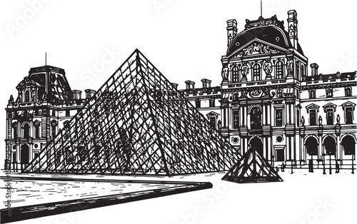 Illustrative Woodcut Drawing of The Louvre Museum in Paris, Fran