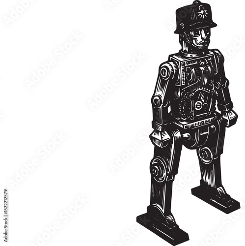 Detailed woodcut illustration of a vintage mechanical toy soldie