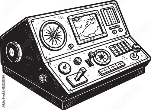 Detailed Black and White Woodcut Illustration of a Navigation Sy