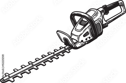 Detailed Woodcut Illustration of a Hedge Trimmer Tool for Garden