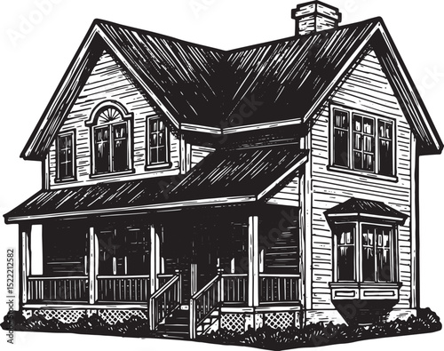 Vintage architectural drawing of a charming house with a porch i