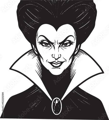 Intricate woodcut illustration of a classic evil queen character