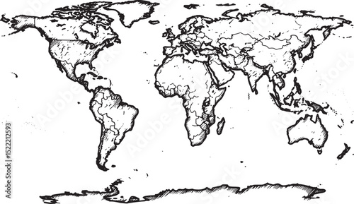 Detailed woodcut style illustration of the world map in black an