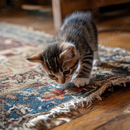 A playful kitten exploring a colorful rug in a cozy indoor setting. feline mischief concept